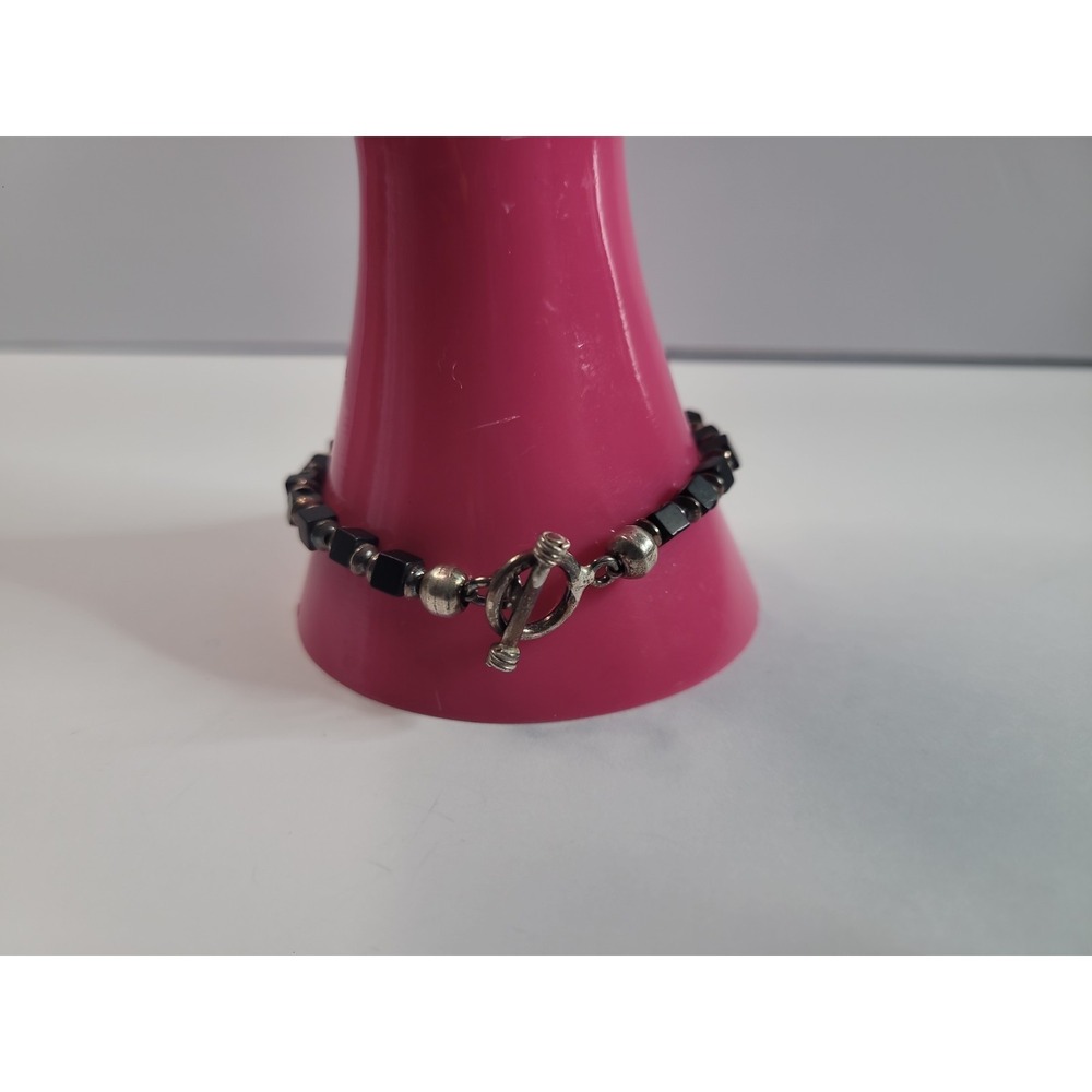 925 Black Square Bead Bracelet Silver Tone Wavy Spacer Toggle Clasp Geometric